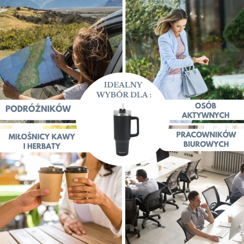 Kubek termiczny stalowy termos z rączką i słomką 1100ml KLAUSBERG czarny