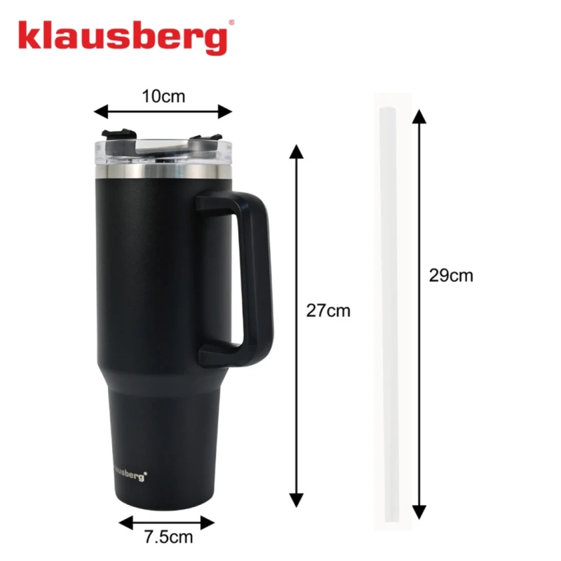 Kubek termiczny stalowy termos z rączką i słomką 1100ml KLAUSBERG czarny