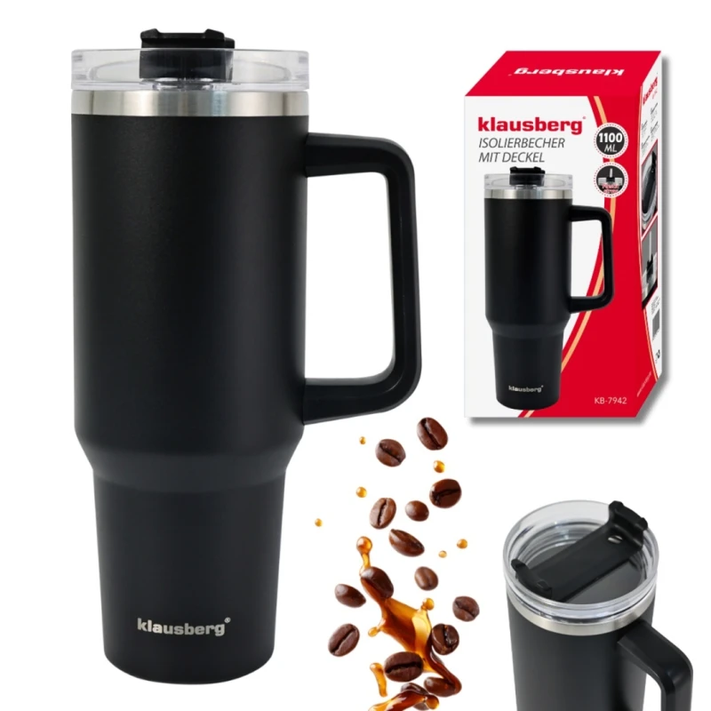 Kubek termiczny stalowy termos z rączką i słomką 1100ml KLAUSBERG czarny