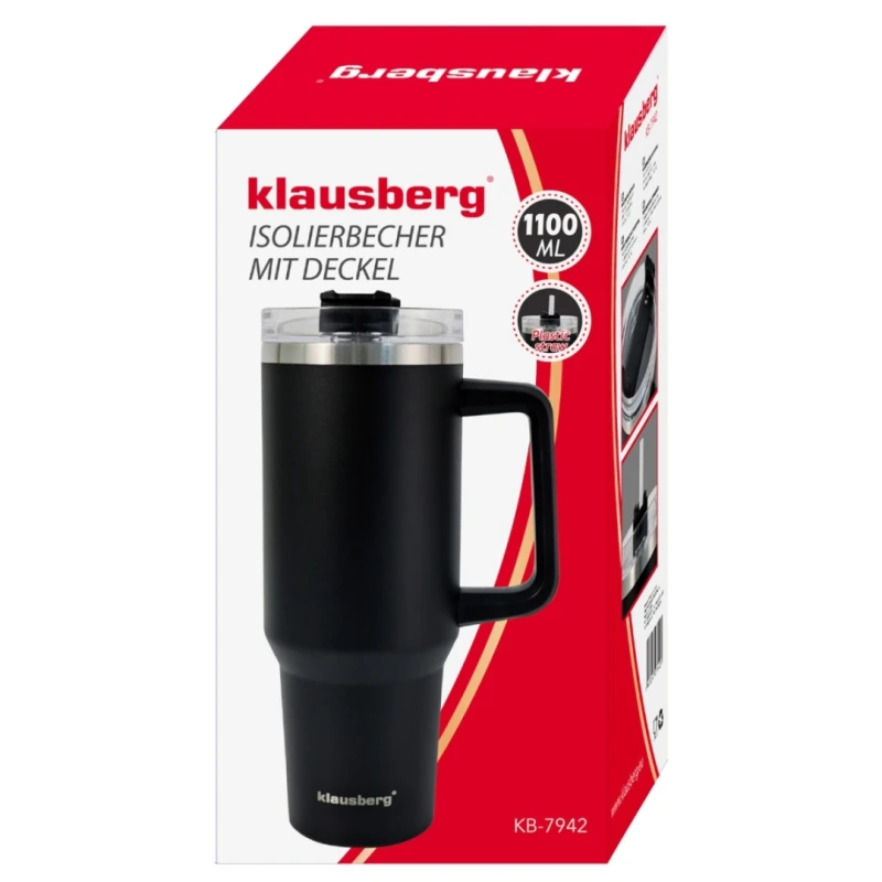 Kubek termiczny stalowy termos z rączką i słomką 1100ml KLAUSBERG czarny