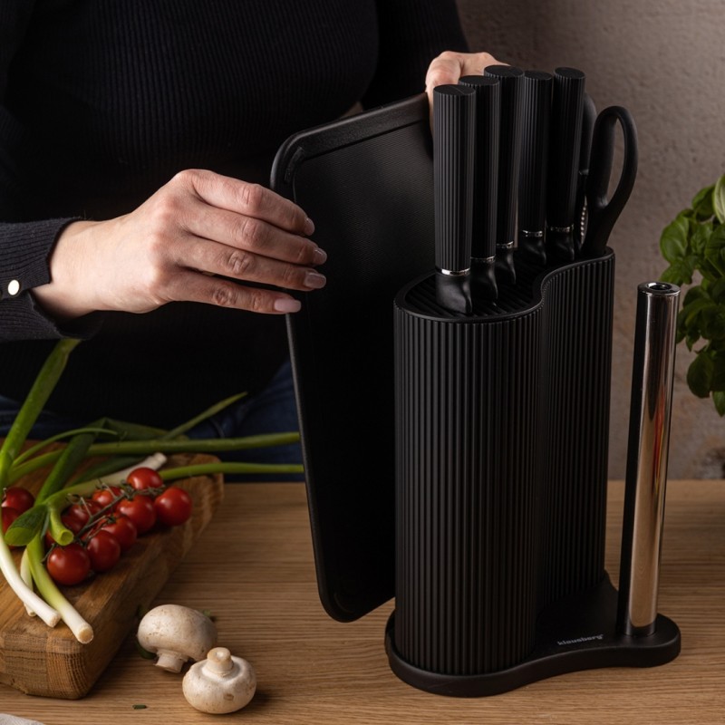 Zestaw noży kuchennych w stojaku z deską i uchwytem na ręcznik KLAUSBERG czarny