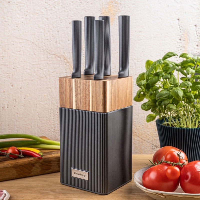 Zestaw 5 noży kuchennych w bloku akacjowym KLAUSBERG szary