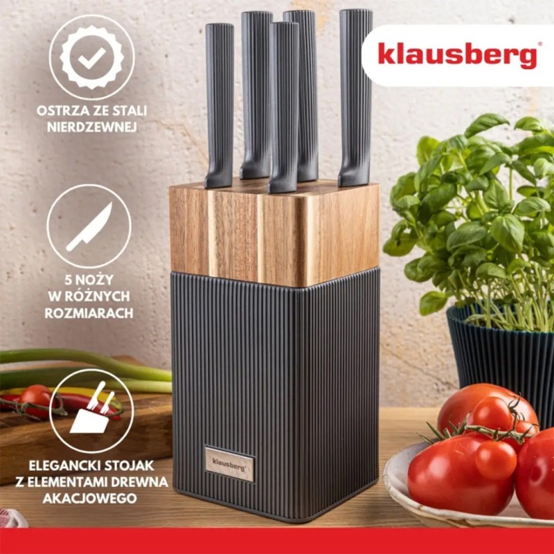 Zestaw 5 noży kuchennych w bloku akacjowym KLAUSBERG szary