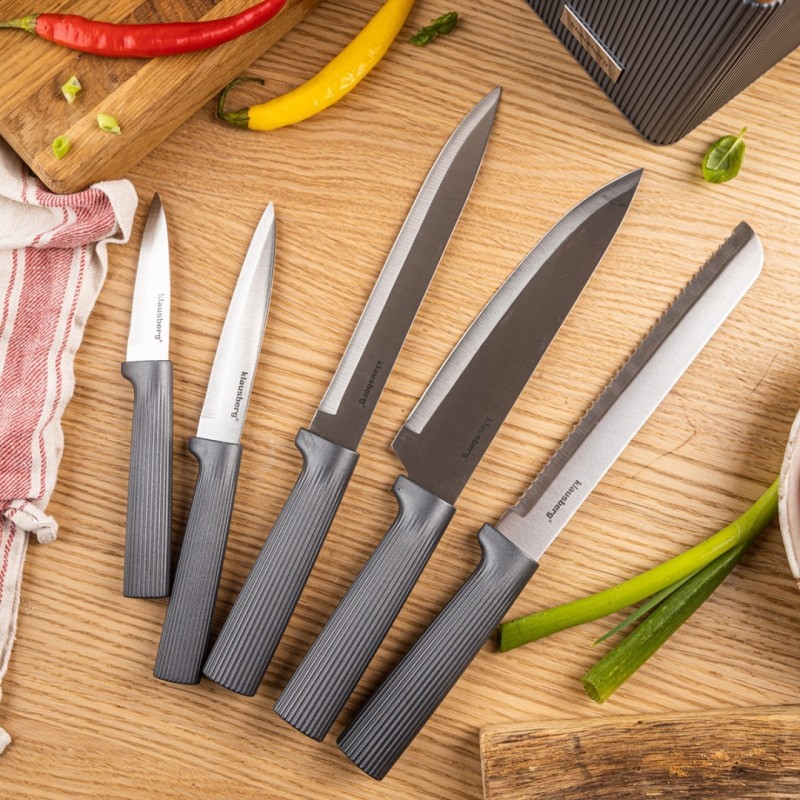 Zestaw 5 noży kuchennych w bloku akacjowym KLAUSBERG szary
