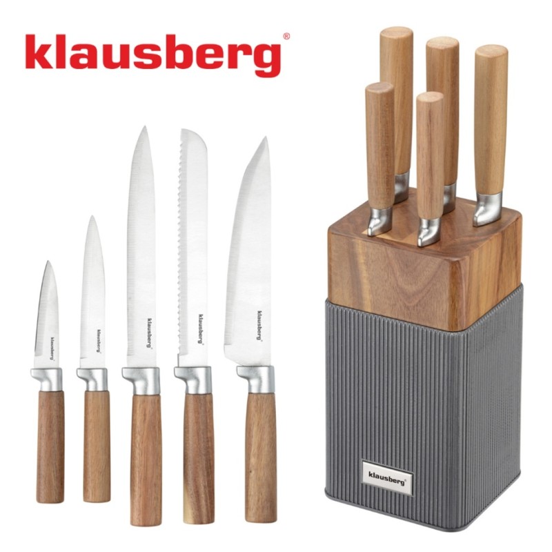 Zestaw 5 noży kuchennych w bloku akacjowym KLAUSBERG naturalny