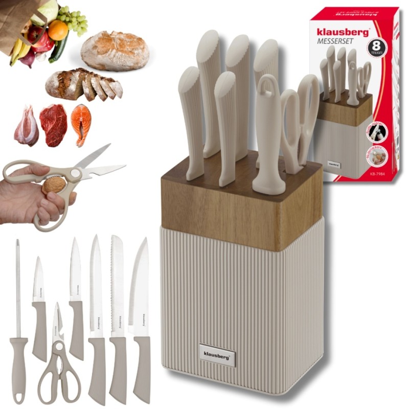 Zestaw noży i przyborów kuchennych w bloku akacjowym KLAUSBERG beżowy