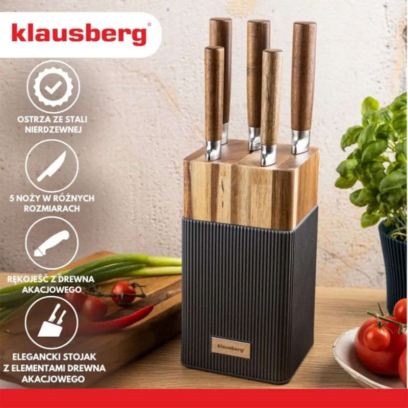 Zestaw noży i przyborów kuchennych w bloku akacjowym KLAUSBERG beżowy