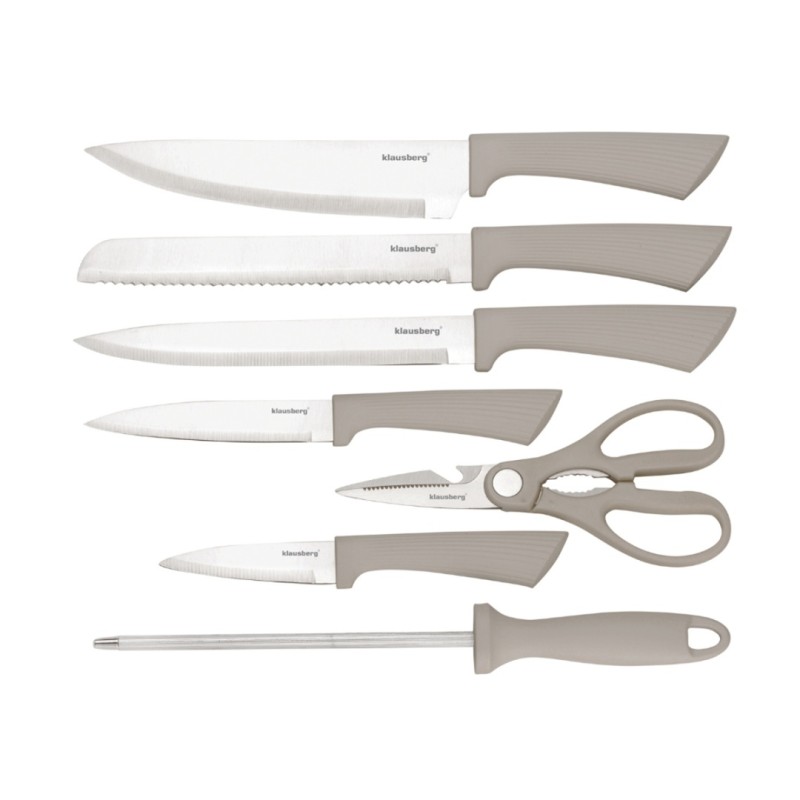 Zestaw noży i przyborów kuchennych w bloku akacjowym KLAUSBERG beżowy