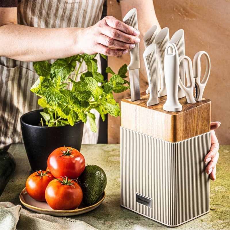 Zestaw noży i przyborów kuchennych w bloku akacjowym KLAUSBERG beżowy