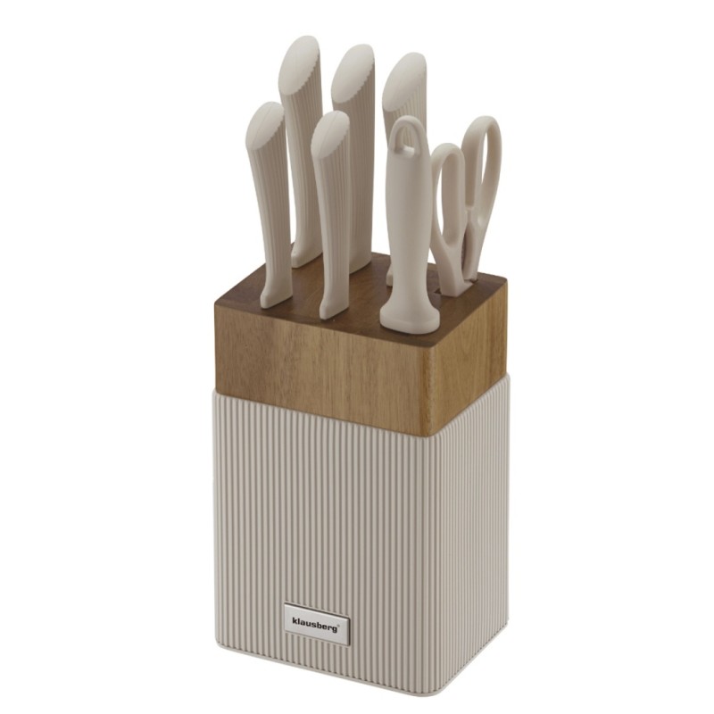 Zestaw noży i przyborów kuchennych w bloku akacjowym KLAUSBERG beżowy