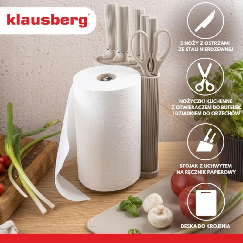 Zestaw noży kuchennych w stojaku z deską i uchwytem na ręcznik KLAUSBERG szary
