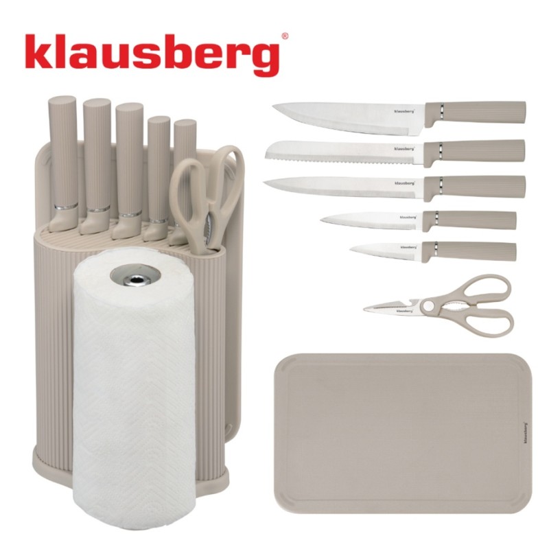 Zestaw noży kuchennych w stojaku z deską i uchwytem na ręcznik KLAUSBERG szary