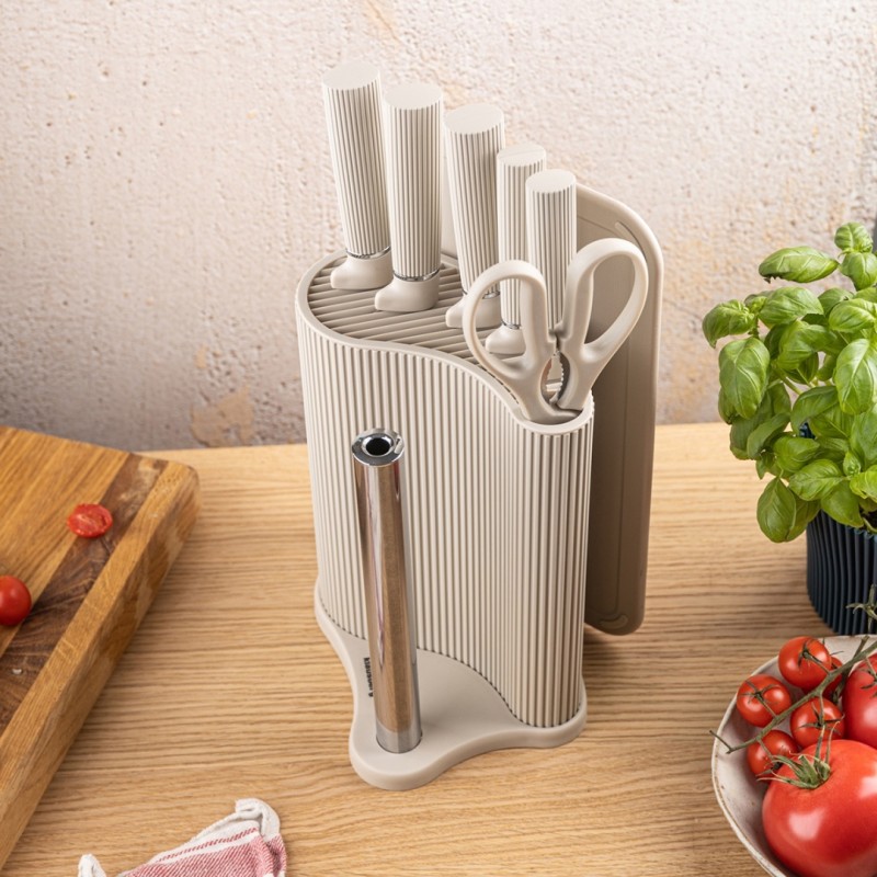 Zestaw noży kuchennych w stojaku z deską i uchwytem na ręcznik KLAUSBERG szary