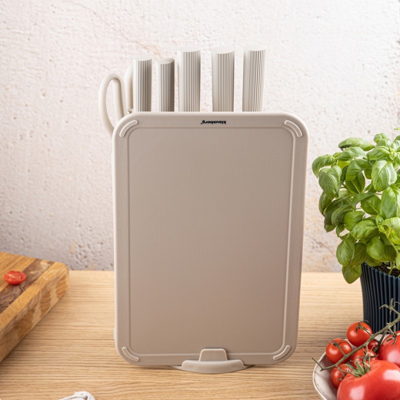 Zestaw noży kuchennych w stojaku z deską i uchwytem na ręcznik KLAUSBERG szary