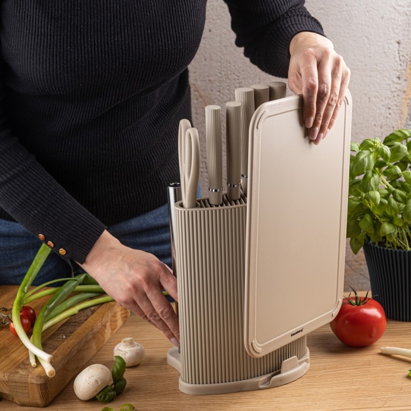 Zestaw noży kuchennych w stojaku z deską i uchwytem na ręcznik KLAUSBERG szary