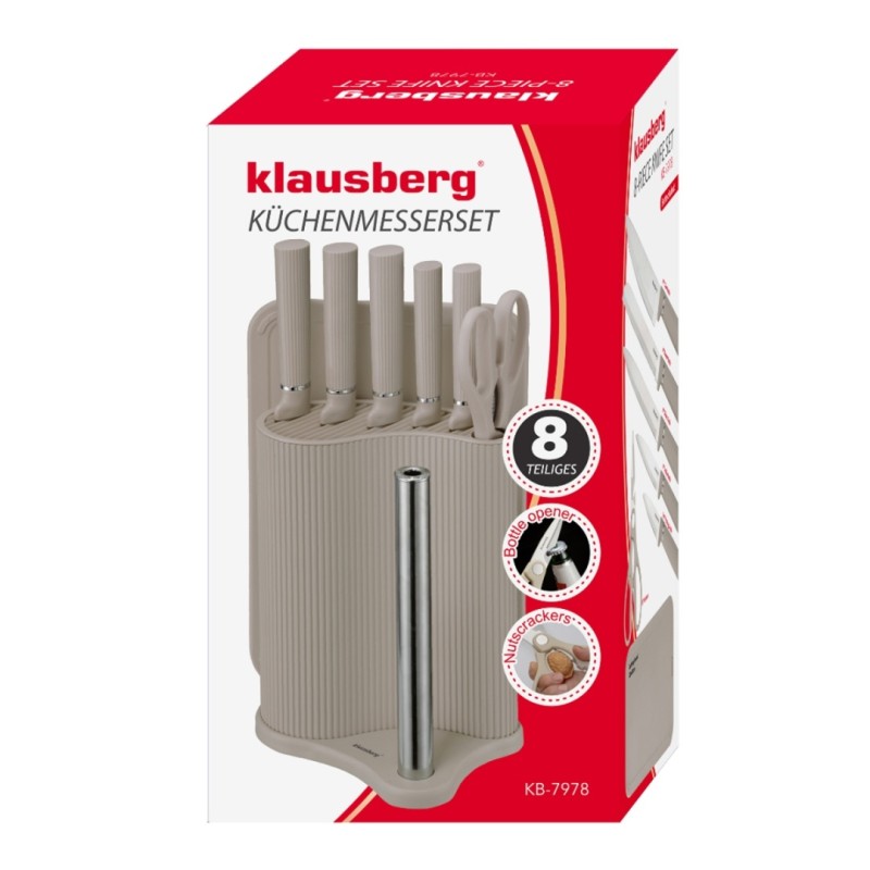 Zestaw noży kuchennych w stojaku z deską i uchwytem na ręcznik KLAUSBERG szary