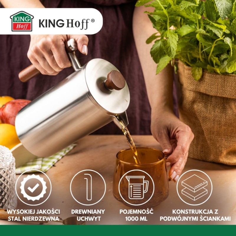 Zaparzacz tłokowy do kawy herbaty stalowy French Press 1L KINGHOFF srebrny