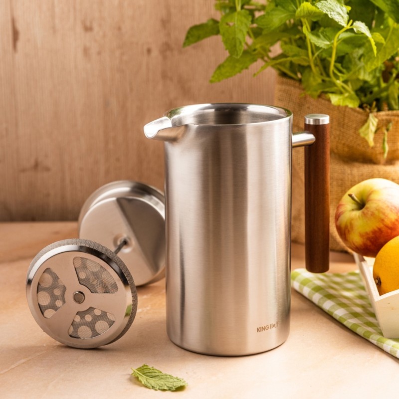 Zaparzacz tłokowy do kawy herbaty stalowy French Press 1L KINGHOFF srebrny
