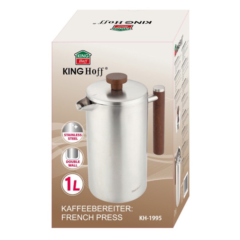 Zaparzacz tłokowy do kawy herbaty stalowy French Press 1L KINGHOFF srebrny