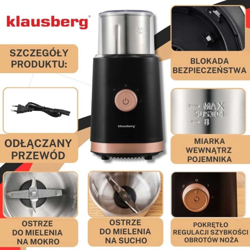 Młynek do kawy przypraw owoców elektryczny KLAUSBERG czarny