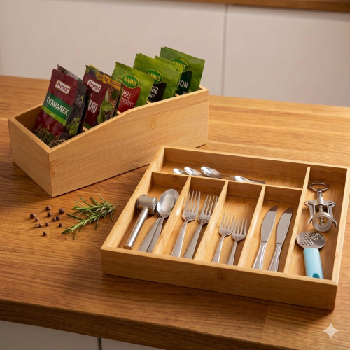 Organizer na przyprawy w torebkach +Wkład do szuflady rozsuwany z drewna bambusowego