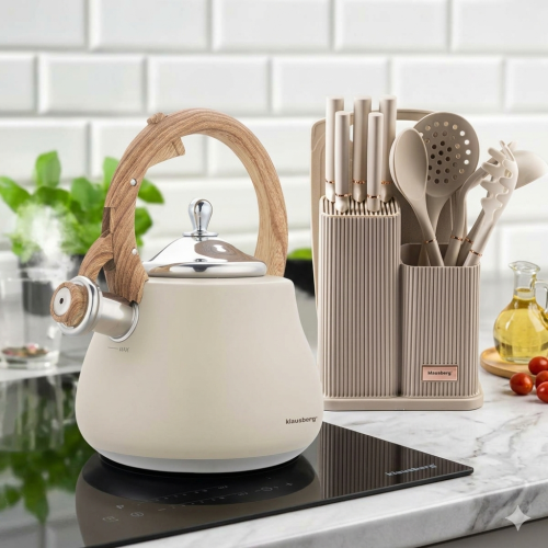 Zestaw noży i przyborów kuchennych z deską w stojaku +Czajnik z gwizdkiem 2,8L