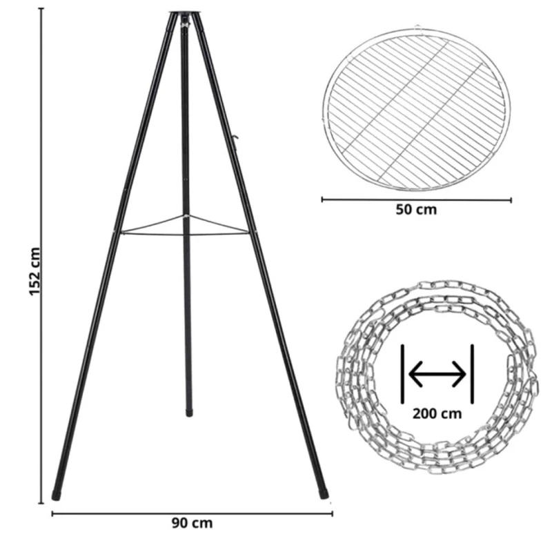 Trójnóg stalowy 150cm z rusztem 50cm grill do palenisk ogrodowych