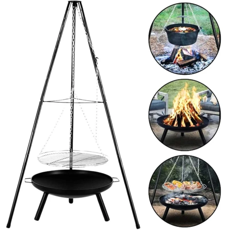 Trójnóg stalowy 150cm z rusztem 50cm grill do palenisk ogrodowych