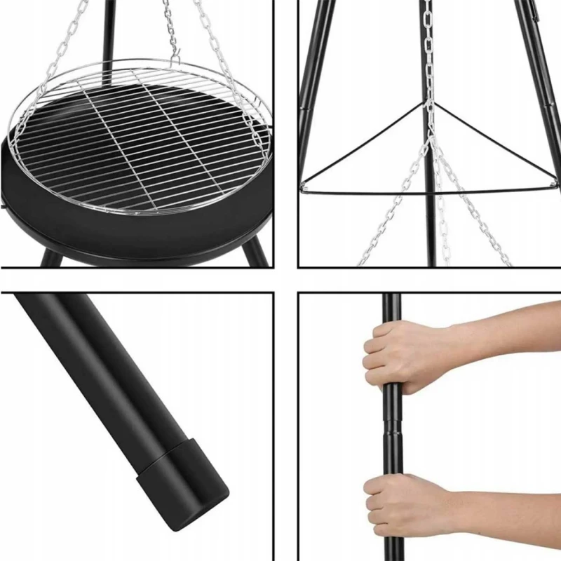 Trójnóg stalowy 150cm z rusztem 50cm grill do palenisk ogrodowych