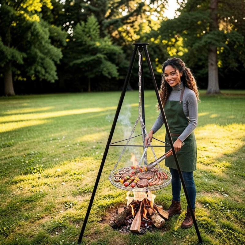 Trójnóg stalowy 150cm z rusztem 50cm grill do palenisk ogrodowych