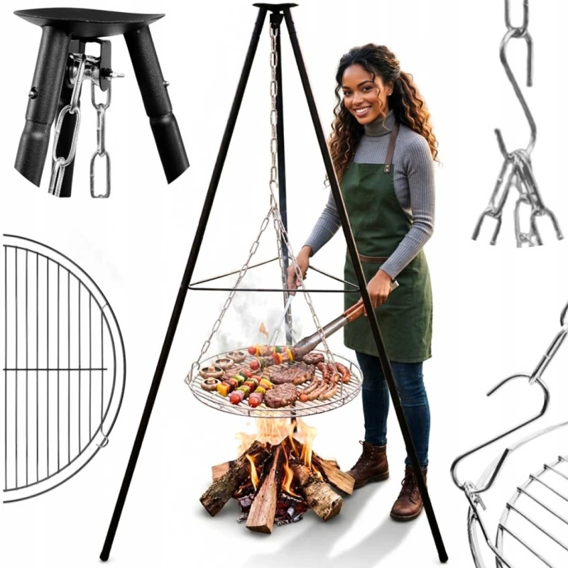 Trójnóg stalowy 150cm z rusztem 50cm grill do palenisk ogrodowych