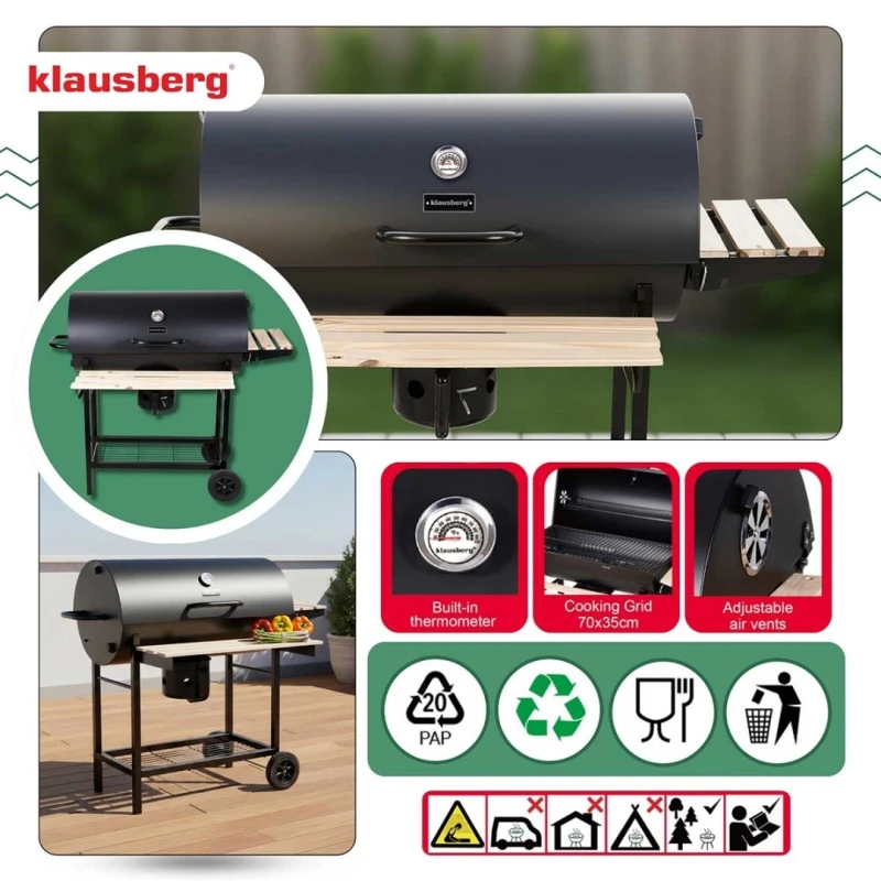 Grill węglowy duży na kółkach z półkami 70x35cm Klausberg