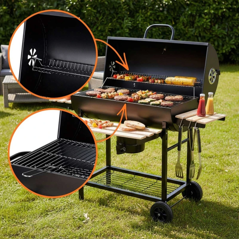 Grill węglowy duży na kółkach z półkami 70x35cm Klausberg