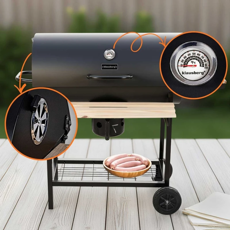 Grill węglowy duży na kółkach z półkami 70x35cm Klausberg