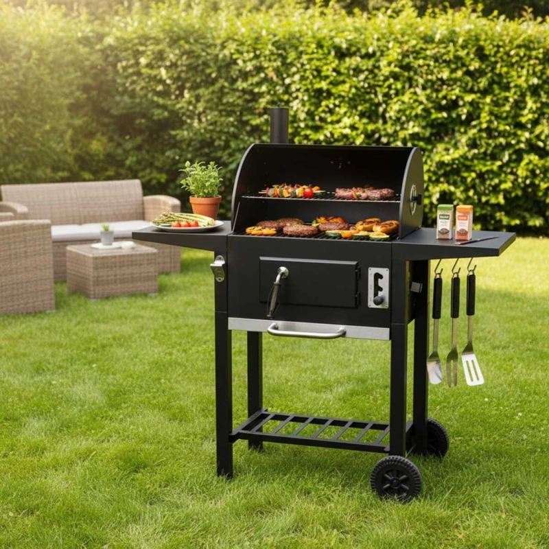 Grill węglowy duży na kółkach z półkami 42x30cm Klausberg