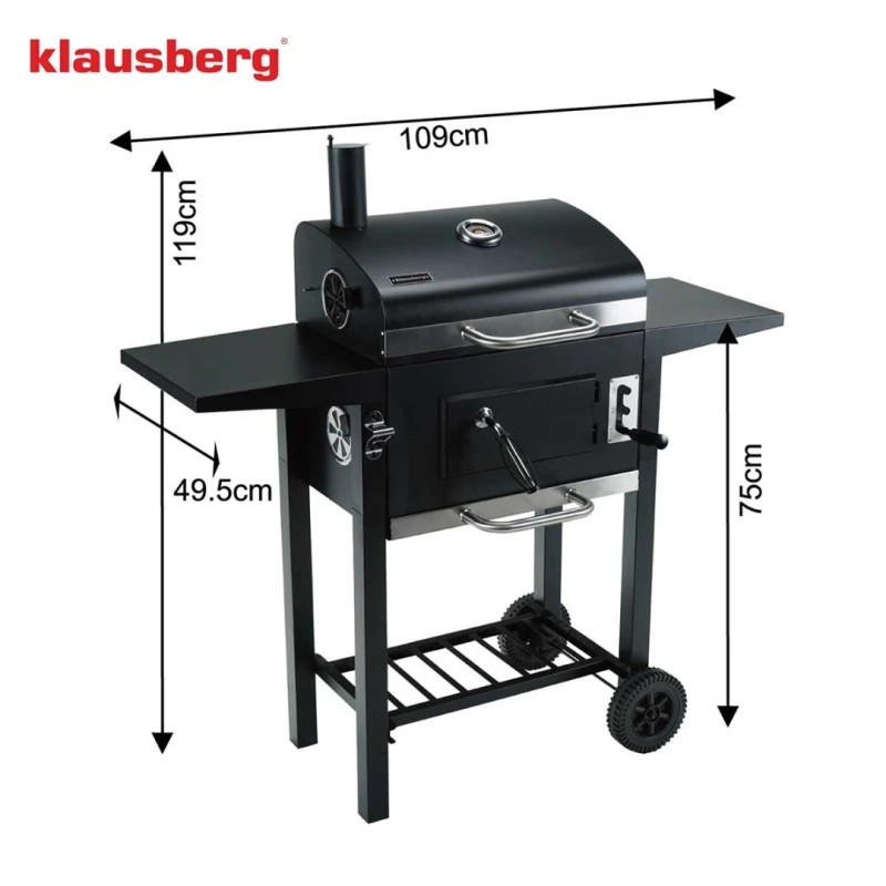 Grill węglowy duży na kółkach z półkami 42x30cm Klausberg