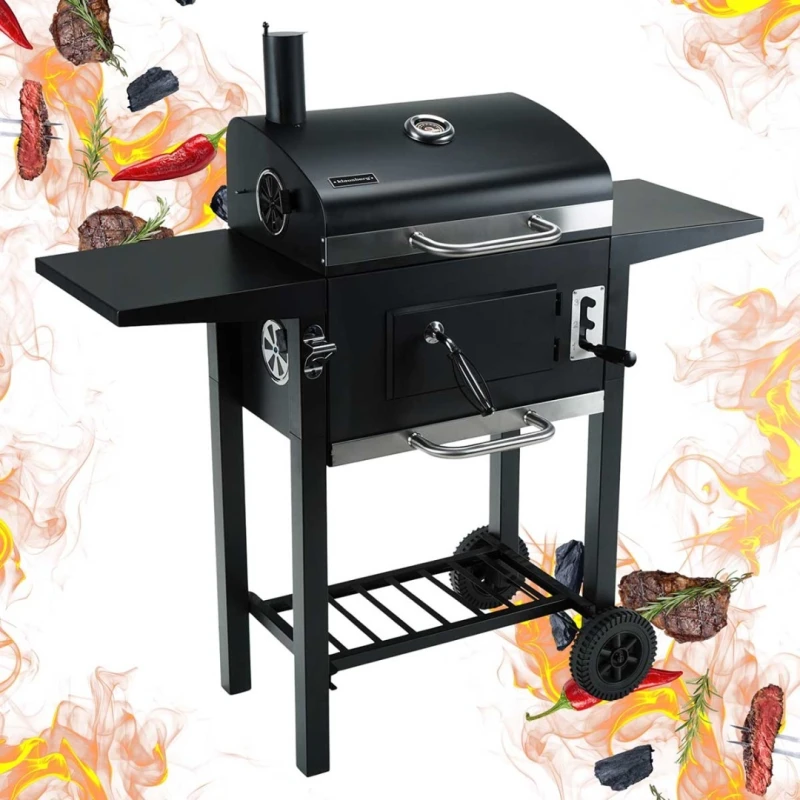 Grill węglowy duży na kółkach z półkami 42x30cm Klausberg