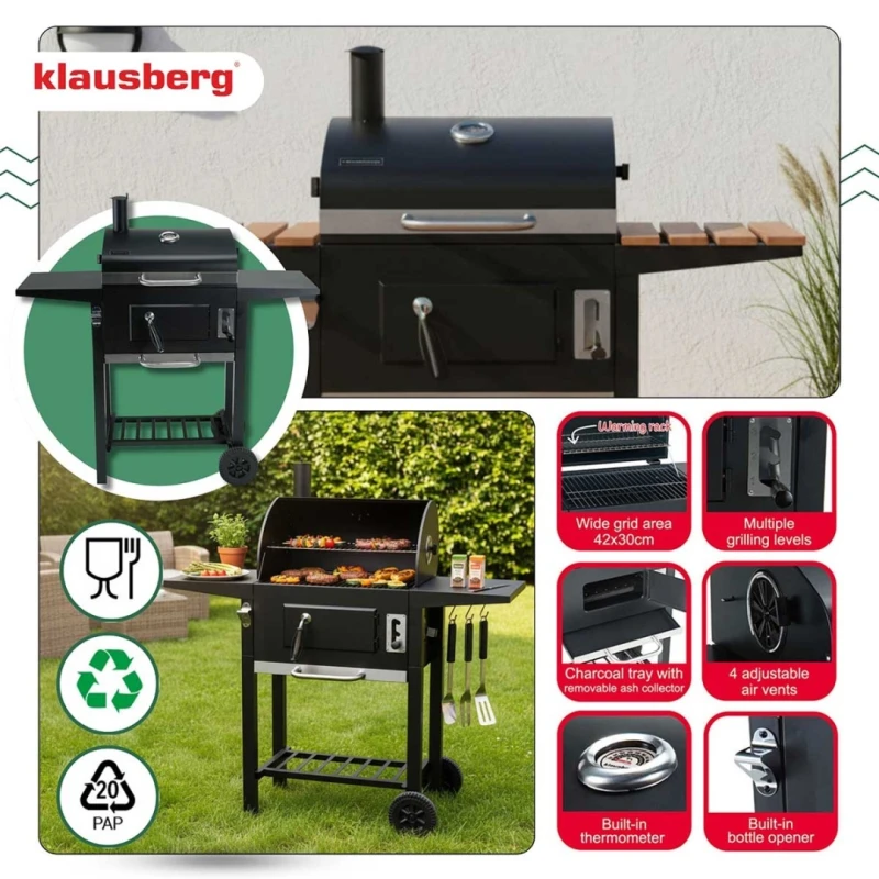Grill węglowy duży na kółkach z półkami 42x30cm Klausberg