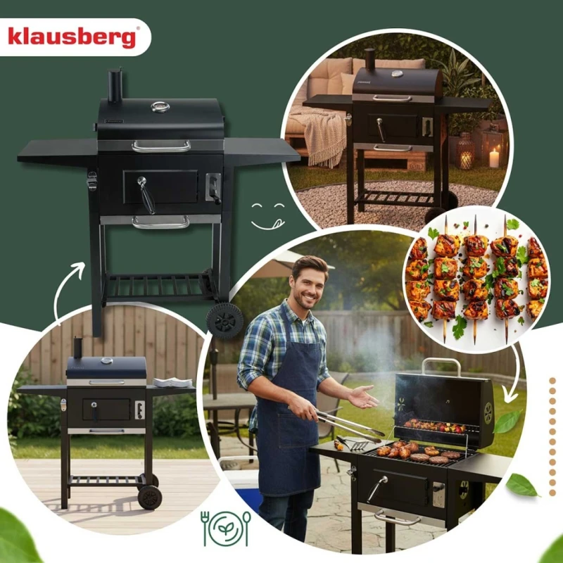 Grill węglowy duży na kółkach z półkami 42x30cm Klausberg