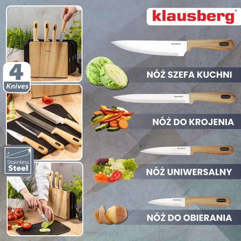Zestaw noży i desek kuchennych w stojaku Klausberg