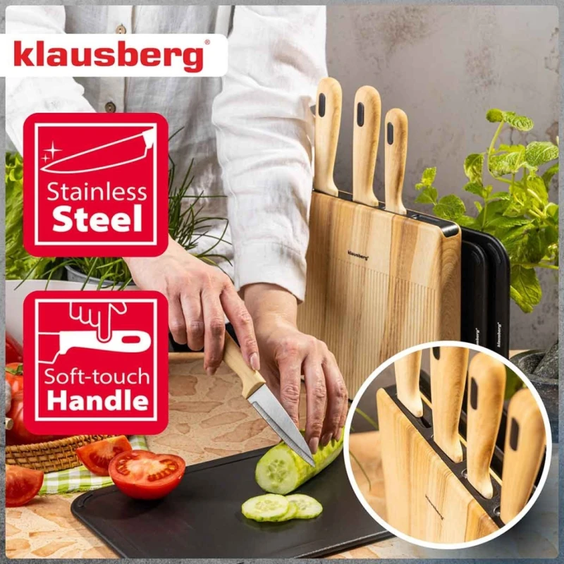 Zestaw noży i desek kuchennych w stojaku Klausberg