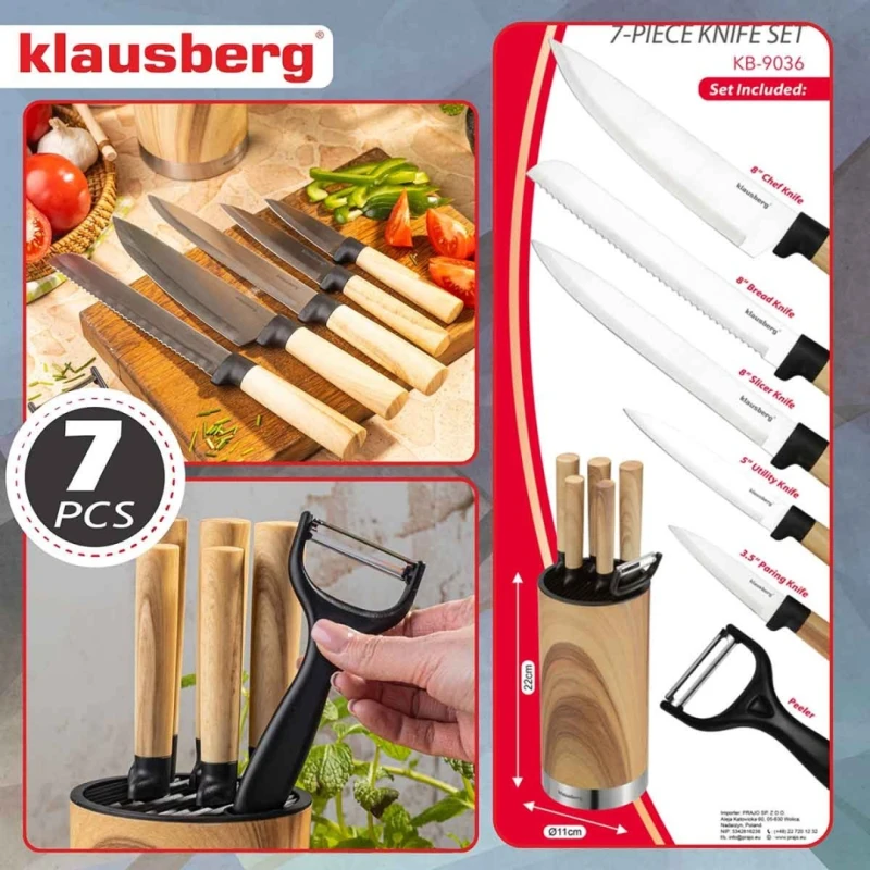 Zestaw 5 noży kuchennych i obieraczka w bloku Klausberg