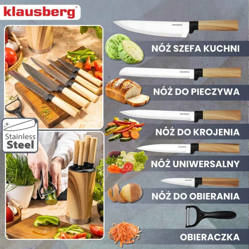 Zestaw 5 noży kuchennych i obieraczka w bloku Klausberg